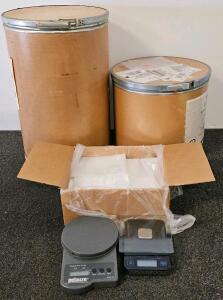 2 Fiberglass Shipping Drums, Bulk 10x12" 5 Mil Clear Mylar Vacuum-Seal Bags, Heat-Sealable, And 2 Food Scales (Battery Operated, Could Not Test)