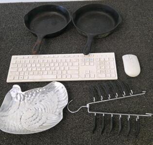 Pair Of Vintage Cast Iron Skillets, Dual Pour Spouts, Restoration Needed, Unbranded, Mouse And Keyboard, And More