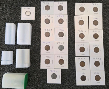 21 U.S. Lincoln Wheat Cents (1929&ndash;1958) & 1964 Silver Coin, Mint Marks S & D, With Tubes