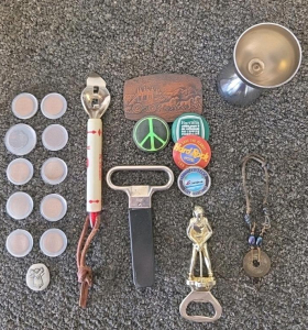 Vintage Collectibles: Bottle Openers, Branded Pins, Wheat Pennies, Buckle, Goblet, Keychains