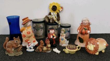 Decorative Collectibles: Beanie Baby, Figurines, Lion Bank, Vase, Teapot, Canisters