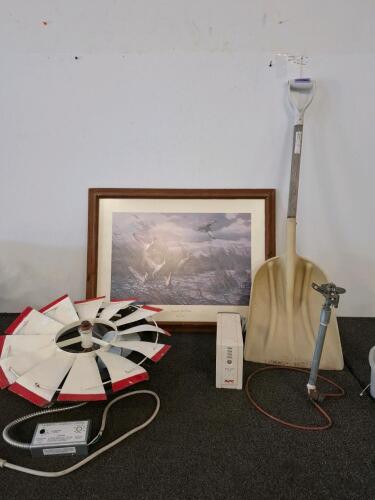 Attic/Barn Ventilation Fan With 18" Blade, Thermostat & Humidistat Control, Steel Housing (Powered On), Wall Art, Windmill Blade, Yard Decor, Sprinkler, And Large Shovel