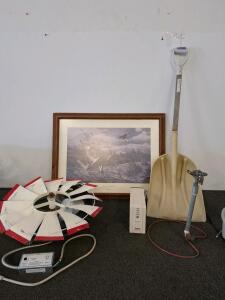 Attic/Barn Ventilation Fan With 18" Blade, Thermostat & Humidistat Control, Steel Housing (Powered On), Wall Art, Windmill Blade, Yard Decor, Sprinkler, And Large Shovel