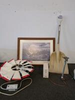 Attic/Barn Ventilation Fan With 18" Blade, Thermostat & Humidistat Control, Steel Housing (Powered On), Wall Art, Windmill Blade, Yard Decor, Sprinkler, And Large Shovel