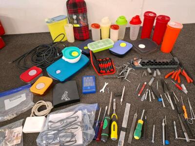 Socket Set, Variety Of Hand Tools, Small Screwdrivers, Alan Wrenches, Tupperware, Assorted Plastic Containers, Drink Bottles, Ice Tray, Modular & Flip Top Lids, And More