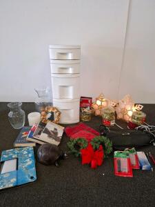 Assorted Household, Holiday, Books & Storage, 22 Items: Rosetti Bag, Drawer Organizer, Decor, Snowflake Lights (Powered On)