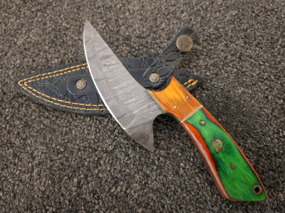 Custom Damascus Fixed-Blade Skinner Knife, Mosaic Pin, Dyed Wood Handle, Leather Sheath