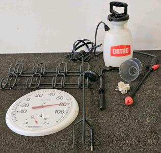 Outdoor Tool Lot: Ortho Sprayer, AcuRite Thermometer, Metal Racks, Iron Sundial, Adapter