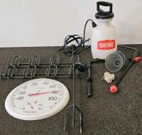 Outdoor Tool Lot: Ortho Sprayer, AcuRite Thermometer, Metal Racks, Iron Sundial, Adapter