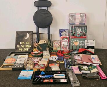 Mixed Lot: Pfaltzgraff Winterberry Glassware, Bar Stool, Decor, Kitchen Items, Office Supplies (L)