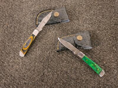 Damascus Steel Folding Pocket Knife Set, 3.25" Blade, Drop Point, Color Wood Handles, Sheaths