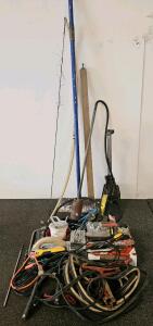 Mixed Tool & Auto Lot: Car Jack, Vintage Propane Torch, Long Handle Scraper, Bow, Toyota Filter, 3 Sets of Jumper Cables, Various Assorted Hand Tools (XA)