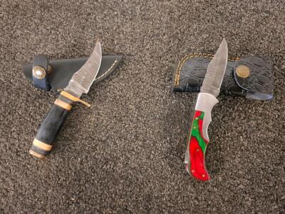 Handcrafted Damascus Fixed And Folding Knives With Leather Sheaths