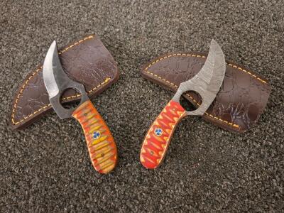 Custom Full-Tang Push Knives With Damascus And Polished Blades, Resin Handles, Leather Sheaths