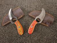 Custom Full-Tang Push Knives With Damascus And Polished Blades, Resin Handles, Leather Sheaths
