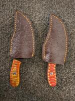 Custom Full-Tang Push Knives With Damascus And Polished Blades, Resin Handles, Leather Sheaths - 3