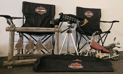 Two Harley-Davidson Folding Camping Chairs With Carry Bag, Black With Orange/White Logo, 225 lb Capacity, Rustic Artwork, And Utility Belt