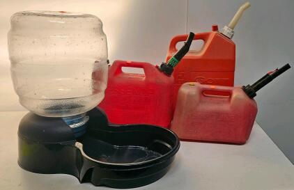 3 Gasoline Fuel Cans (2x 5 Gallon, 1x 2.8 Gallon) HDPE Plastic, Spouts Included, And 5 Gallon Pet Waterer