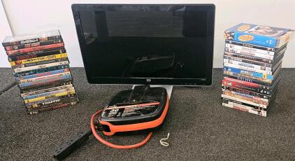 HP 2310m 23" LCD Monitor Full HD 1080p, HDMI/DVI/VGA, Built-In Speakers, May 2010, S/N: 3CQ0210SJR (tested, works). Retract-o-matic 30 foot extension cord (tested, works), assorted dvd's.