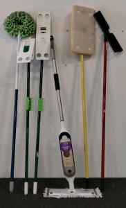 Lot Of 7 Floor Mops, Swiffer Power Mop, Squeegees, Scrubber, Duster, Handle Tools Bundle