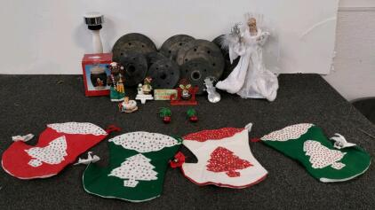 40 lb Standard Weight Plates & Christmas Stockings, Angel Topper, Ornaments (Shelf P)