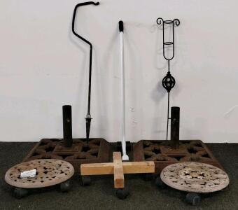 Set Of Ornate Cast Iron Umbrella Bases (2), Heavy Duty Plant Caddies (3), Three Stand Tools
