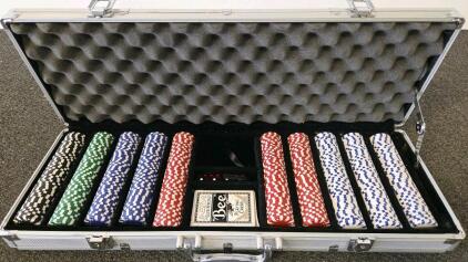 Poker Chip Set With Aluminum Case, Bee Playing Cards, 4 Dice, 5 Colors