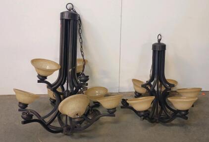 6-Light And 9-Light Dark Bronze Chandeliers With Mottled Glass Shades