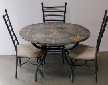Slate Tile Round Dining Table With 3 Metal Ladder-Back Chairs &ndash; Indoor/Outdoor Patio