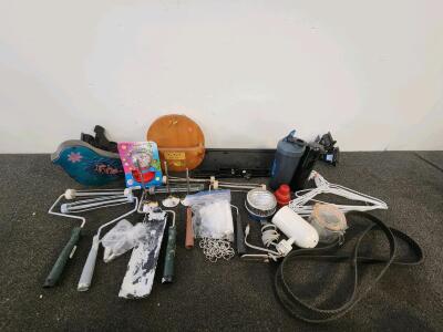 Mixed Household & Automotive Hardware Lot with Roof Rack, Paint Rollers, and More