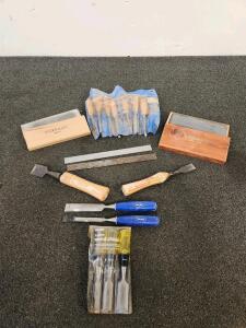 Large Woodworking Tool Set - Sears, Marples, Japanese Chisels, Woodcraft Stones, Rulers, 15 Pcs (Shelf B)