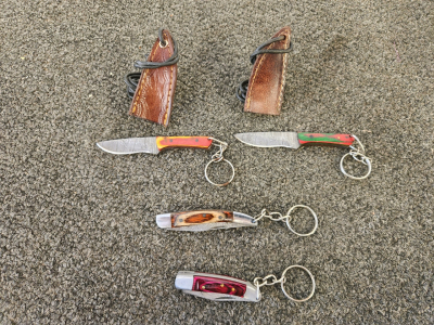 Mini Damascus Pocket Knives & Fixed Blade Keychain Set, Colored Wood Handles, Leather Sheaths, 4Pcs