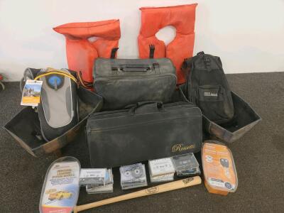 Life Jackets, Bulldog Car Starter, Hydration Pack, Backpacks, Mini Bat, Audio Tapes