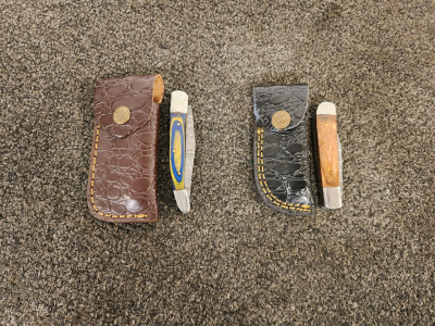 2 Folding Pocket Knife: Blue/Yellow & Wood Handle, Embossed Leather Sheaths, 2.75" Blade