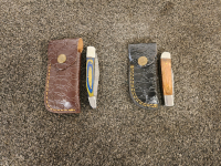 2 Folding Pocket Knife: Blue/Yellow & Wood Handle, Embossed Leather Sheaths, 2.75" Blade