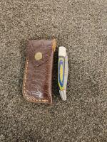 2 Folding Pocket Knife: Blue/Yellow & Wood Handle, Embossed Leather Sheaths, 2.75" Blade - 2