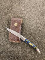 2 Folding Pocket Knife: Blue/Yellow & Wood Handle, Embossed Leather Sheaths, 2.75" Blade - 3