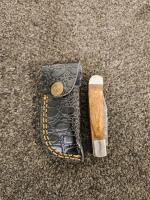 2 Folding Pocket Knife: Blue/Yellow & Wood Handle, Embossed Leather Sheaths, 2.75" Blade - 4
