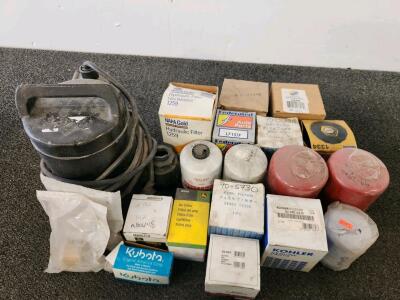 Assorted OEM & Aftermarket Engine Filters (John Deere, NAPA, Kubota, Kohler) + Utility Pump Lot