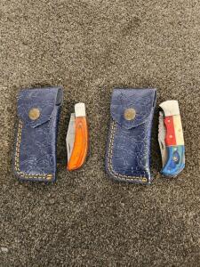 Damascus Folding Pocket Knife Set, Colorful Handles, 3.25" Blade, Blue Leather Sheaths, Star Inlay