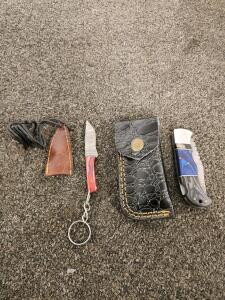 Damascus Folding Pocket Knife With Blue Handle & Sheath, And Mini Keychain Knife, Both With Sheaths