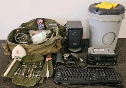 Military Field Medical First Aid Kit, Laerdal Pocket Mask, BP Cuff, Instruments, Bag. Dell subwoofer (tested, works), car stereo, gold rush nugget bucket and more.