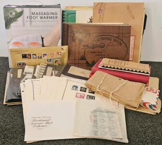 Vintage Stamp Collection Lot with Albums, Loose Stamps, Covers, and Sheets. Warming foot massager.