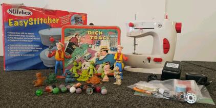 1967 Dick Tracy Metal Lunch Box by Aladdin w/Mixed Vintage Toys & Marbles, Comic Graphics. Easy stitcher vintage sewing machine (tested, works)