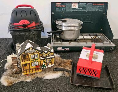 Coleman 2-Burner Propane Camping Stove, Model 5430, 20,000 BTU Output. ShopVac (tested, works), berry picker, cast iron pan and more (E)