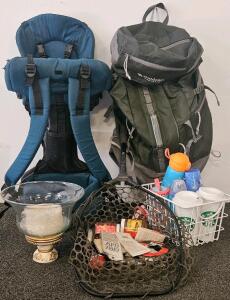 Mixed Lot: Hiking Backpack, Child Carrier, Fishing Net & Tackle, Starbucks Cups, Water Bottles (j)
