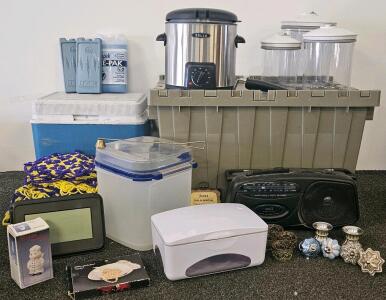 Bulk Mixed Household Lot with Bella Deep Fryer (tested, works), Rubbermaid Cooler, Tote, Radio, Decor, 25+ Items