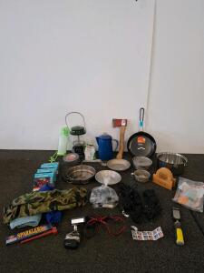 Mixed Camping Gear Lot: GSI 9" Frypan, Percolator, Lantern, Axe, Paracord, LED Lights