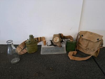 WWII British GP Gas Mask Set w/ Canvas Bag, Filter, Anti-Dimming Stick & Canteen Belt Kit