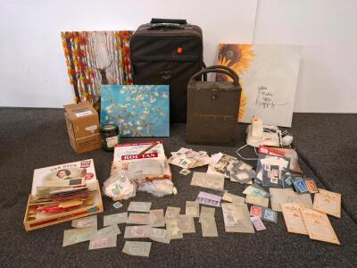 Vintage Worldwide Stamp Collection, US, Canada, Bulgaria, Japan, 300+ in Cigar Boxes, vintage military box, wall art, suitcase with wheels and more( shelf P)